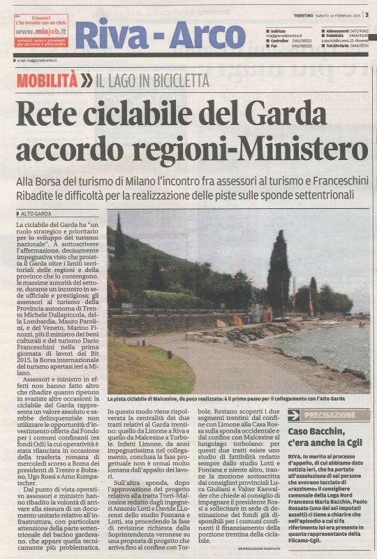 Rete ciclabile del Garda accordo regioni-Ministero